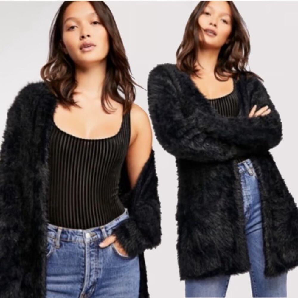 FREE PEOPLE Shaggy Faux Fur Open Front Cardigan Jacket Black Small
